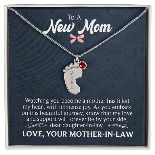 To A New Mom | Baby Feet Necklace with Birthstone